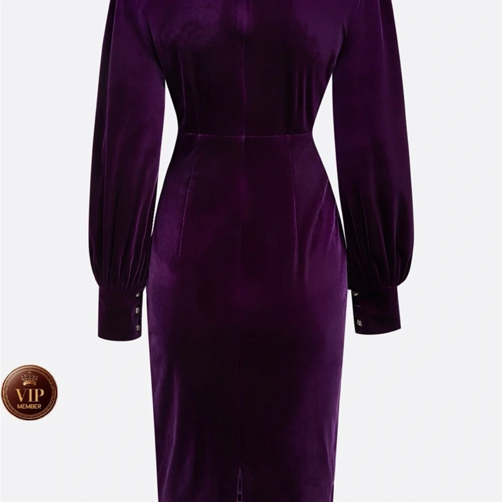 Purple Cross Ruched Velvet Neck Long Sleeve Puff Sheath Midi Dress - Picture 3 of 7